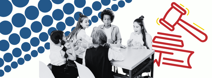 a graphic of a gavel behind a group of children playing at a table together