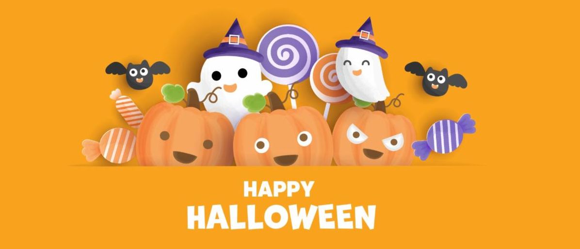 Decorative image of cute ghosts lollipops and jack o lanterns reading 'Happy Halloween'
