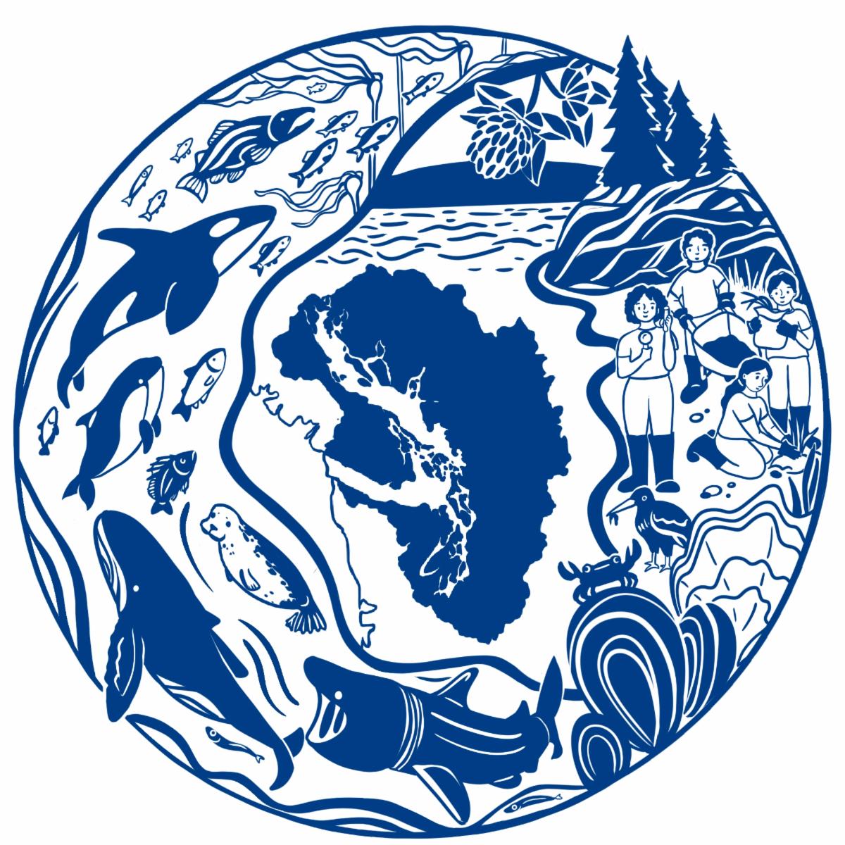 Salish Sea organisms circling the Salish Sea in round logo design