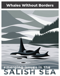 In Indigenous stylized drawing are 3 orca swimming alongside one another in the water while behind is an island and foothills shrouded in clouds.