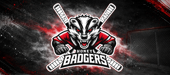Graphic of a logo with the text Honey Badgers. Above the text is a digital image of a honey badger with red eyes wearing a red hockey jersey. Hockey sticks cross behind the image.