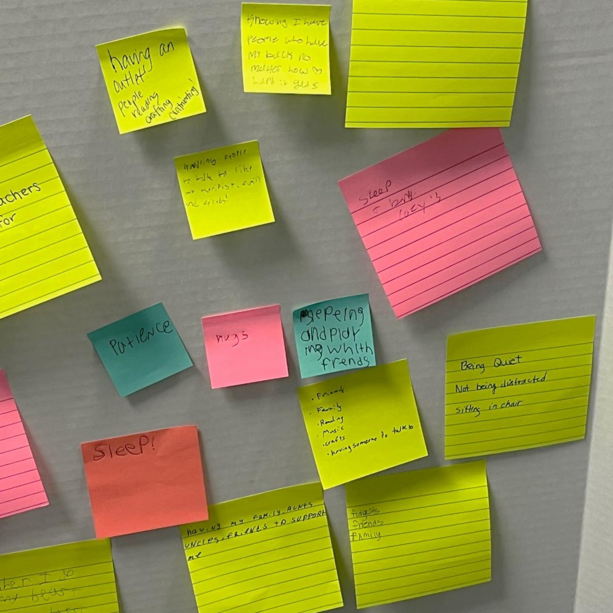 Poster board with several colorful sticky notes on it.