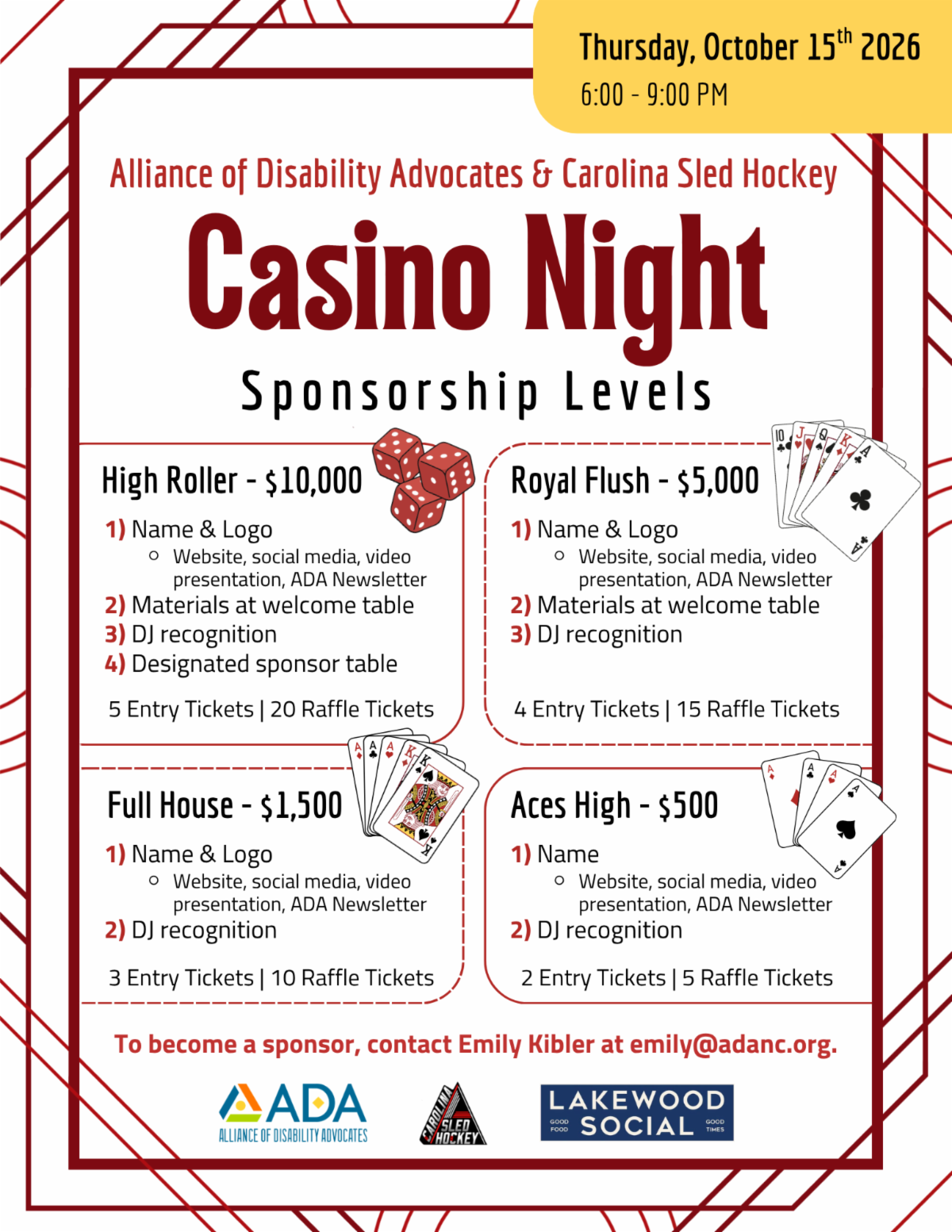 Flyer for the Alliance of Disability Advocates and Carolina Sled Hockey Casino Night with information about Sponsorship Levels. For more information about the levels or to become a sponsor, email Emily Kibler at emily@adanc.org.