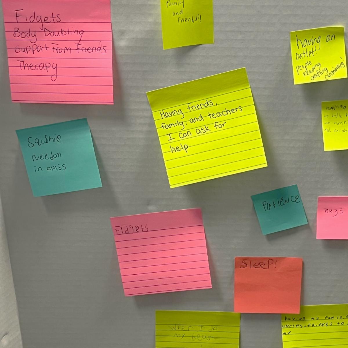 Poster board with several colorful sticky notes on it.