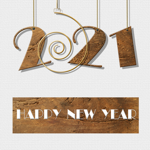 2021 happy New Year card. Antique wood hanging number 2021_ text Happy New Year on white background. Copy space. 2021 business card_ label_ poster_ sign. 3D illustration
