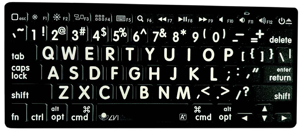Large-print, high-contrast keyboard for iPad has white print on black background.