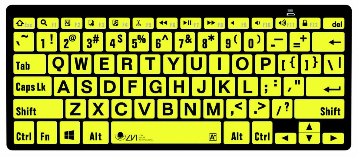 Large-print, high-contrast keyboard for PC has black print on yellow background..