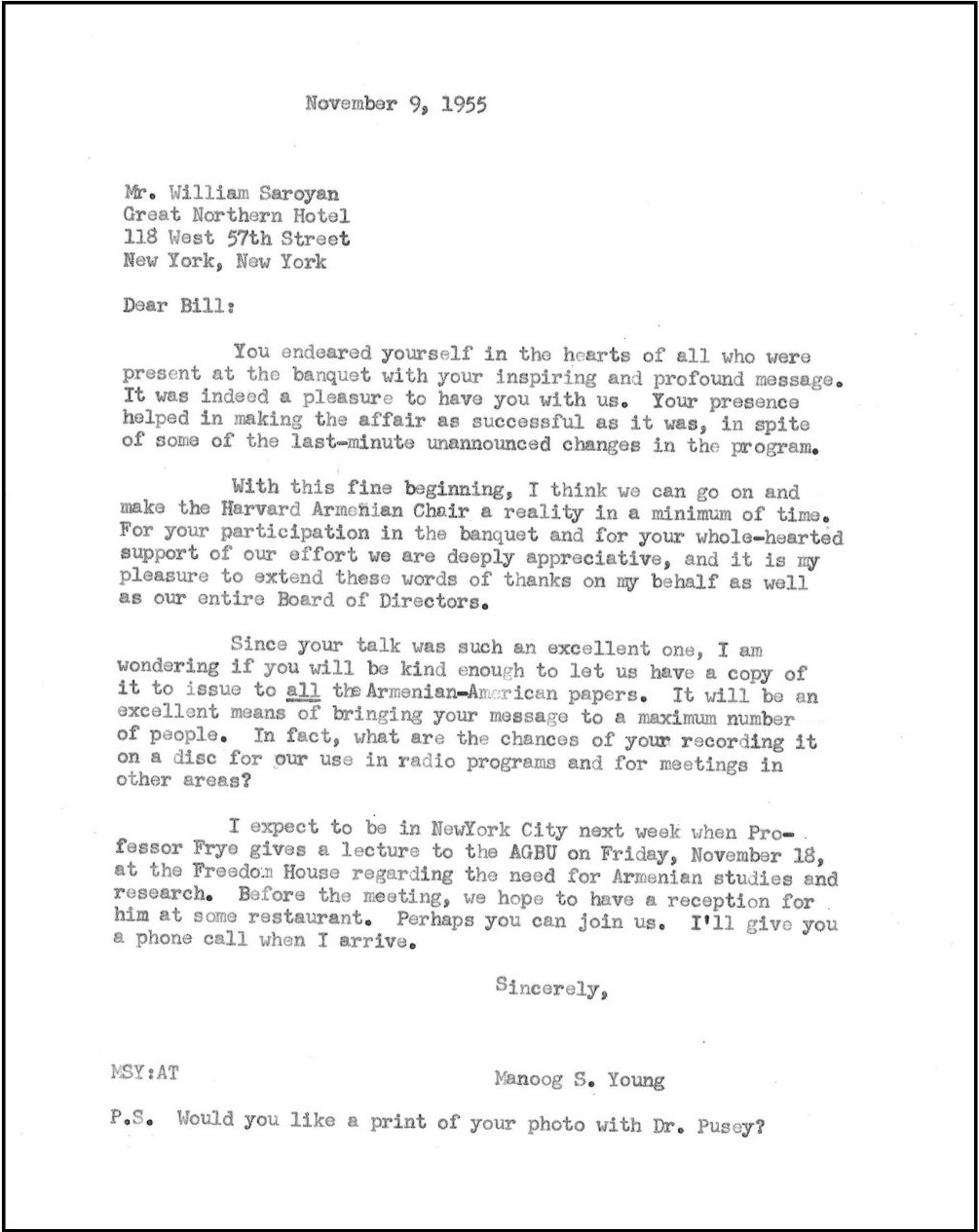 Manoog Young's November 9, 1955 letter to Saroyan