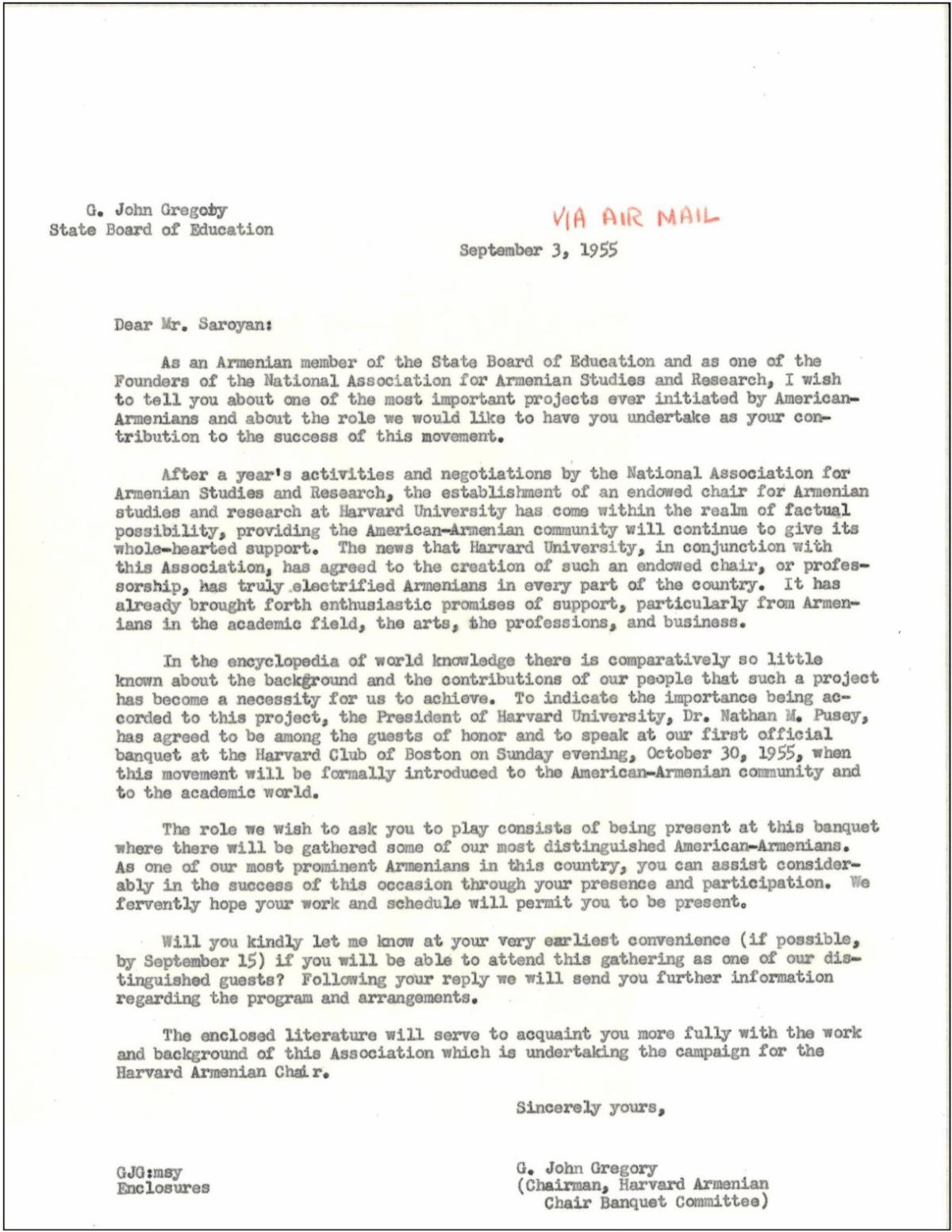 G. John Gregory's September 1955 letter to Saroyan