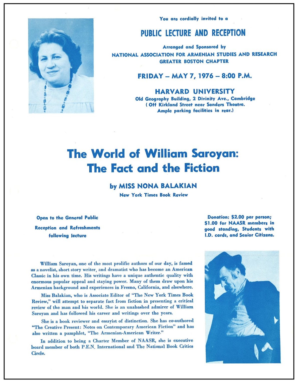 Flyer for 1976 NAASR lecture by Nona Balakian