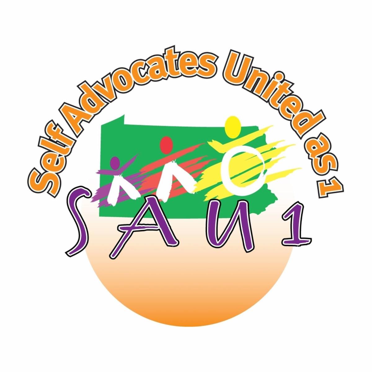 The Self Advocates United as 1 Logo has our name and initials It includes outlines of people in different colors one using a wheelchair and two walking to reflect SAU1s diversity There is an outline of Pennsylvania and sunrise colors