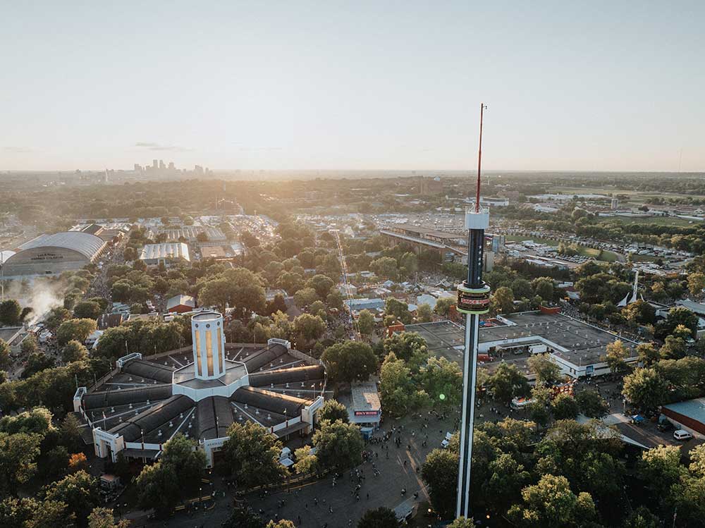 Drone photo of the Agriculture Horticulture Building and the Space Tower at the Minnesota State Fairgrounds