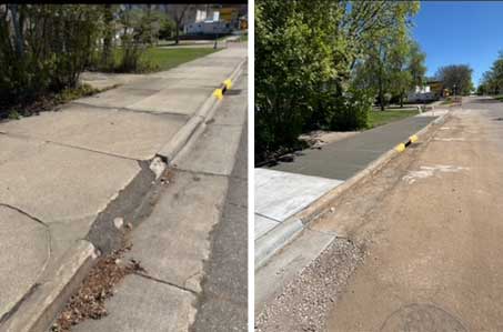Old, cracked sidewalk near DNR Park. New, smooth sidewalk near DNR Park.