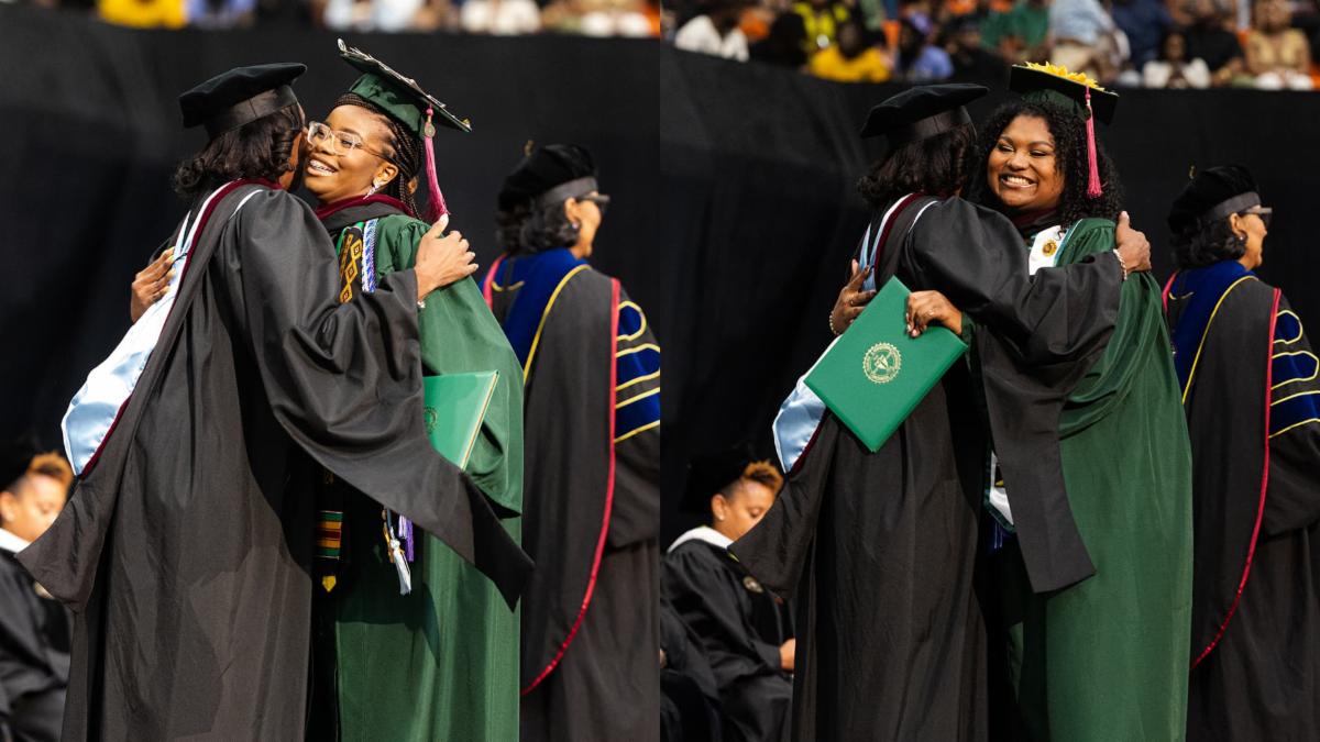 Jaden Bowen and Jordan Forbes proudly cross the stage during FAMU's Spring 2024 commencement. Both ladies earned their bachelor degrees in three years.