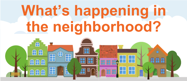 What's happening in the neighborhood illustration of houses and tree on a street