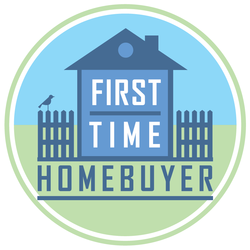 Logo featuring a blue home with a fence on green grass with the text: First Time Homebuyer