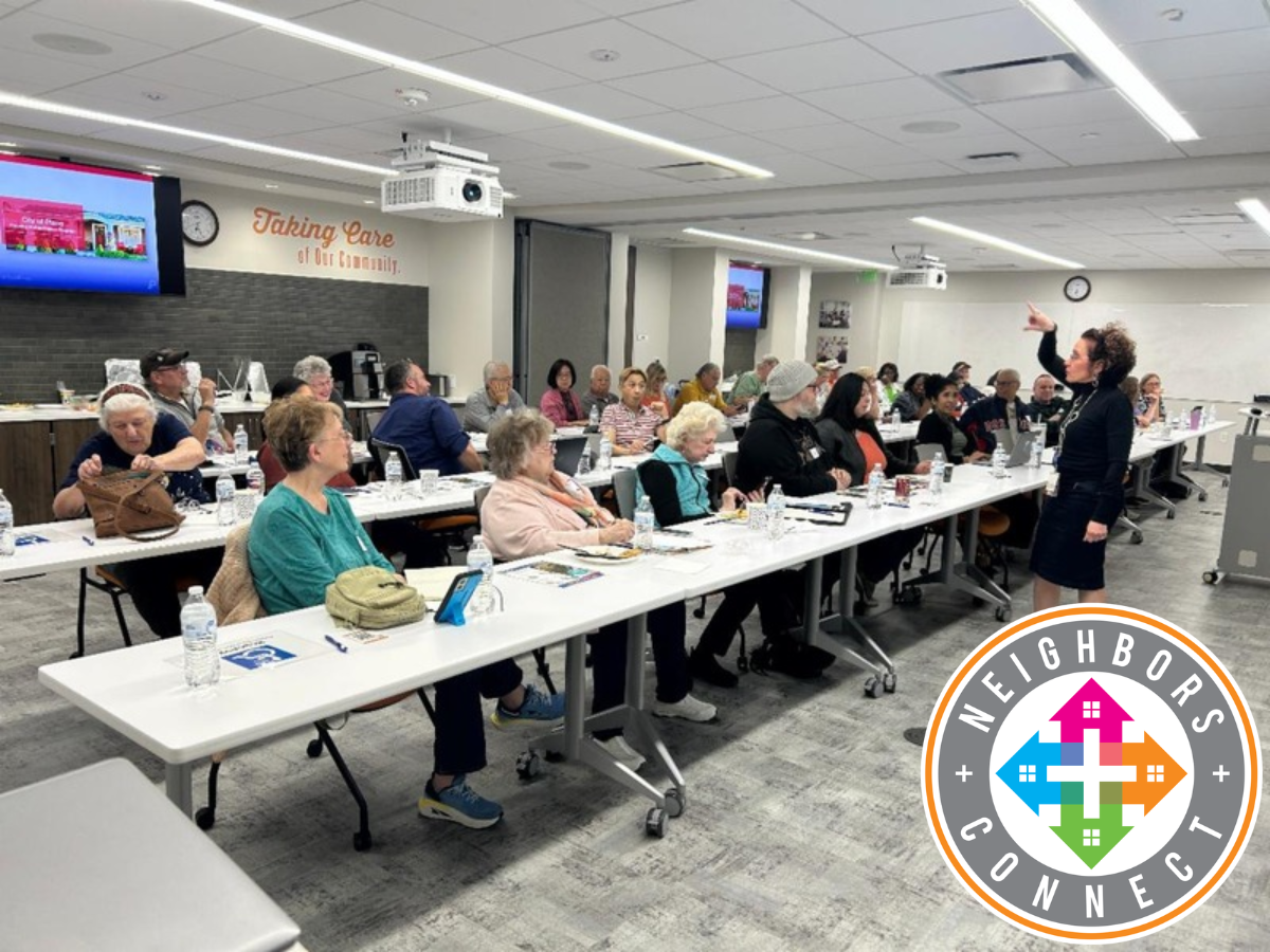 Picture of February's Neighbors Connect audience with Neighbors Connect logo