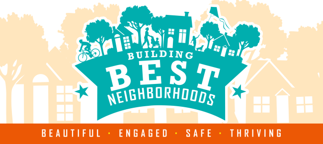 Orange and teal Building Best Neighborhoods newsletter banner