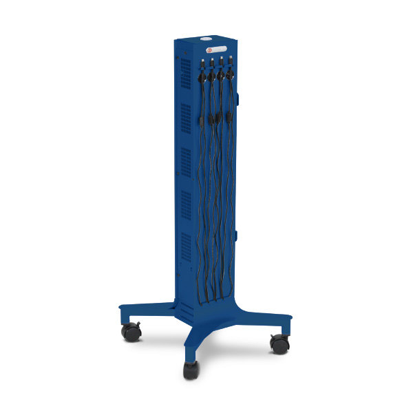 Blue computer charging tower on wheels 