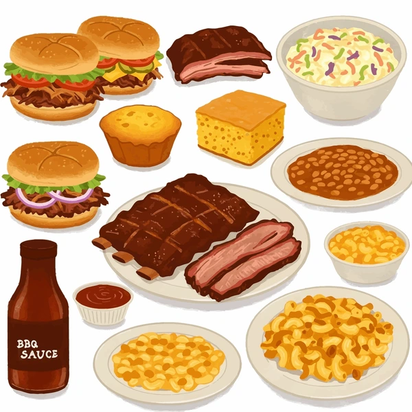 Clipart of BBQ ribs, brisket and side dishes