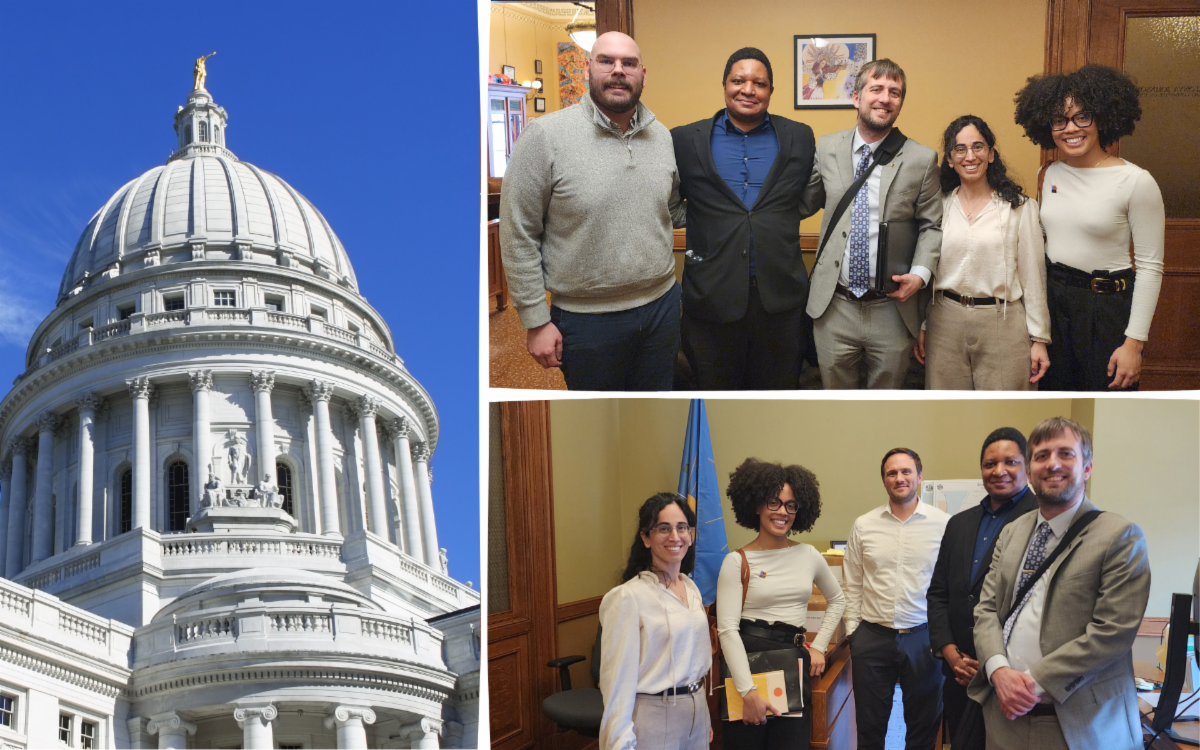 Image of Wisconsin State Capitol dome (left) and housing team pictured with Dream.org and staffers for Wisconsin Senators