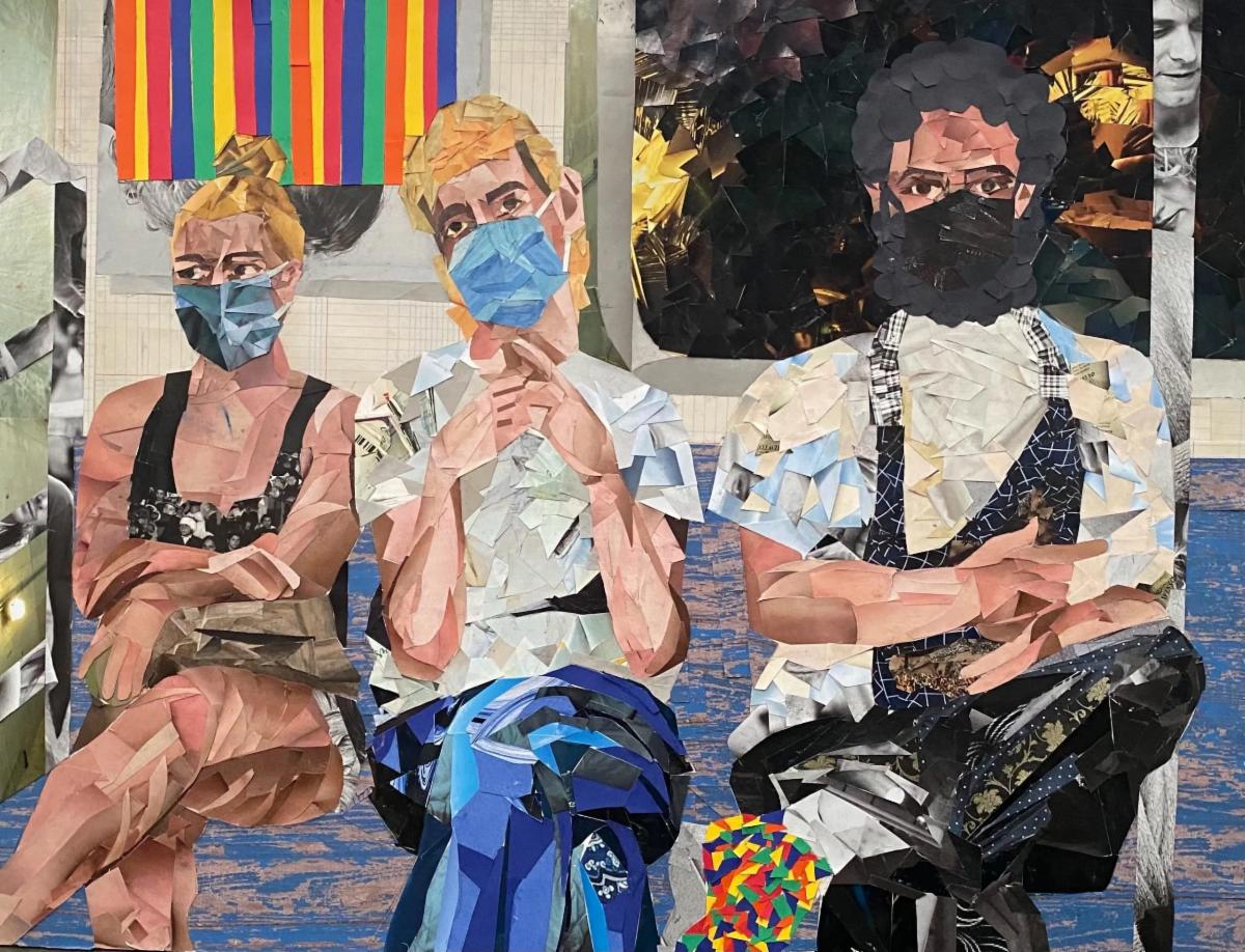 Mixed Media Collage of 3 individuals riding public transit