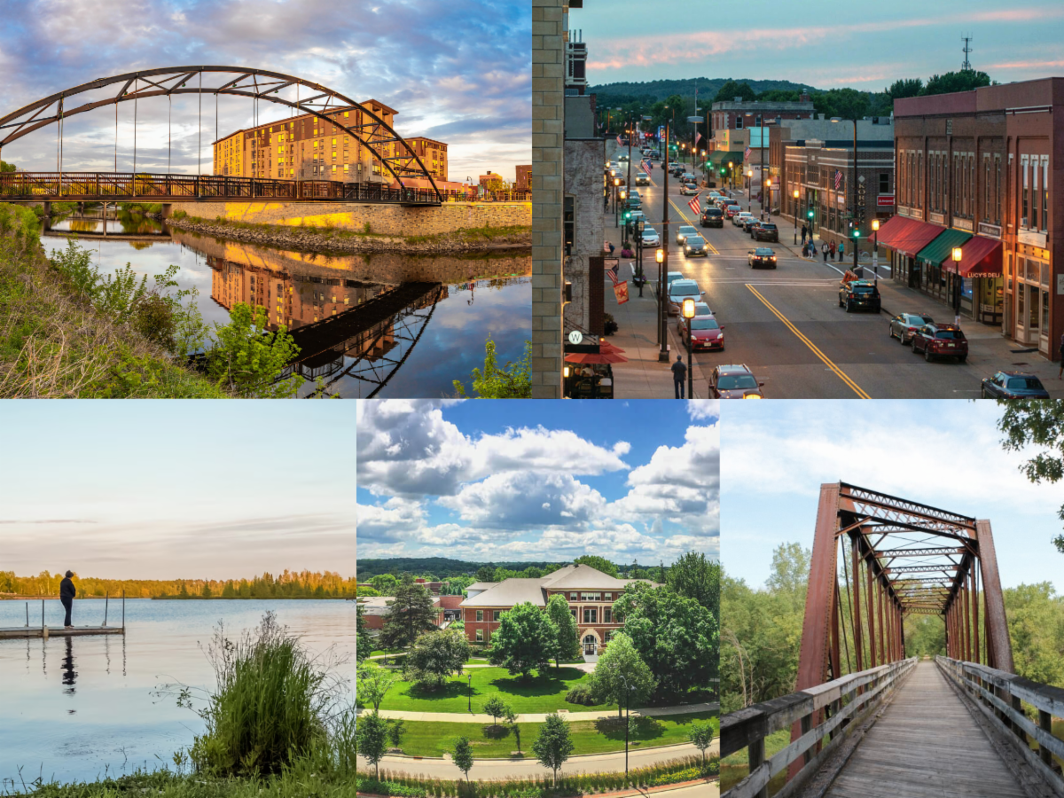 Five rural Wisconsin communities in various scenes: lake, college campus, downtown city block, bike trail with bridge, and footbridge crossing river.