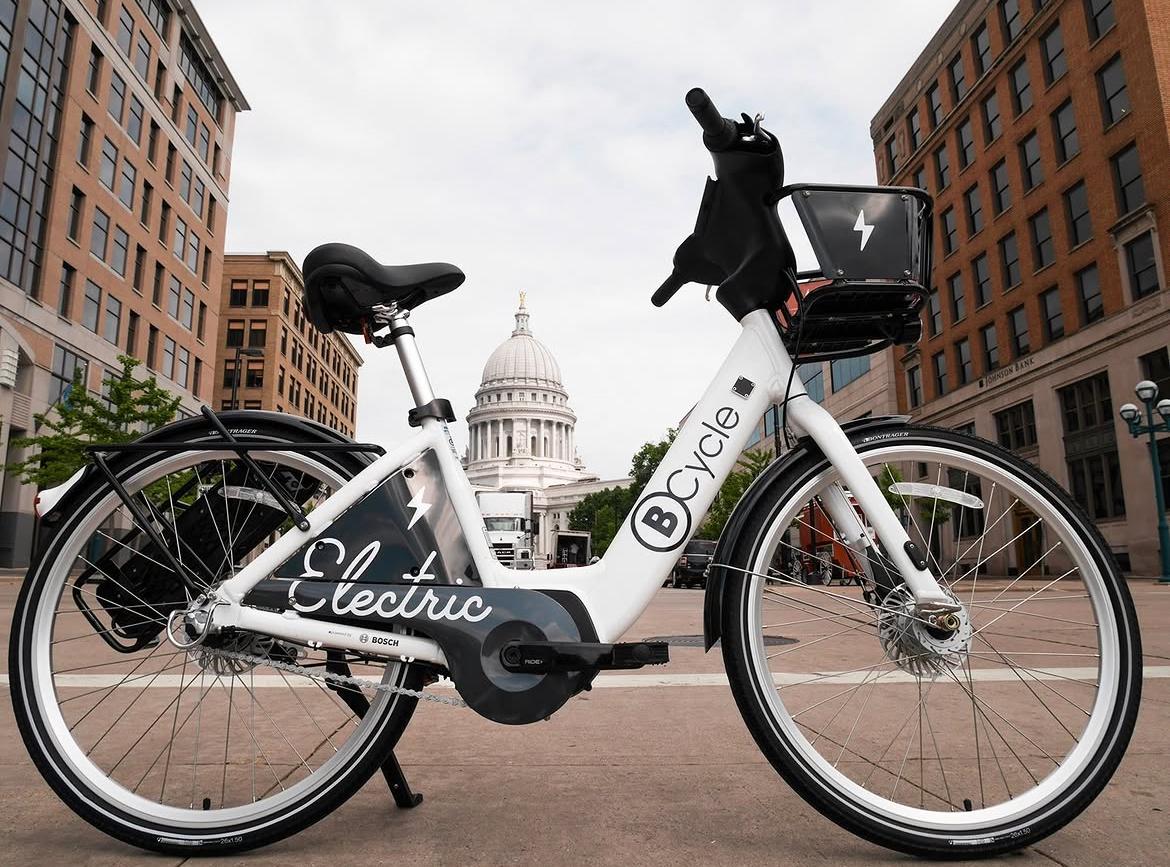 BCycle Bike on State Street in front of Madison Capitol