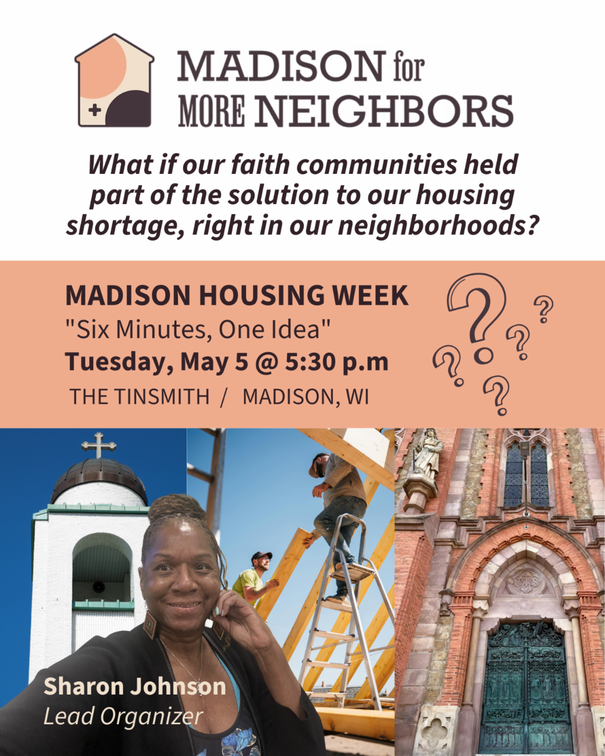 Sharon Johnson pictured over faith-based buildings and promoting her Tue 5/5 presentation on Faith-Based Housing, as part of Madison housing week