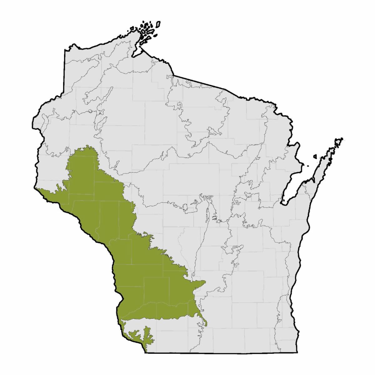 Map of Wisconsin showing the Western Coulee Ridges area for DNR draft plan shaded in green