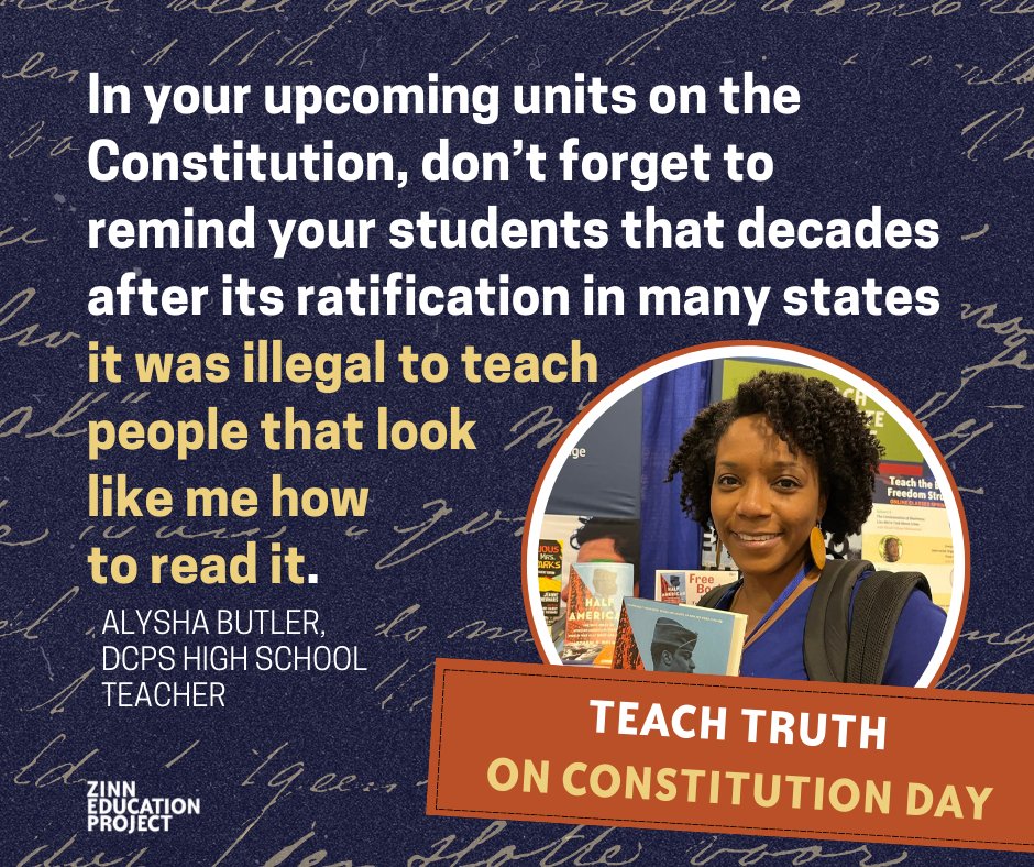 Teach Truth on Constitution Day with headshot of Alysha Butler and quote on navy background
