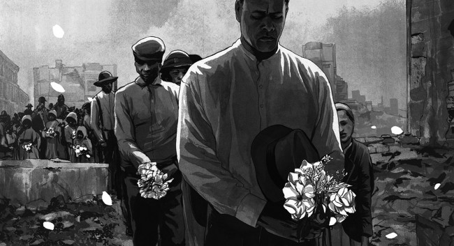 black and white painting and people carrying flowers in rubble