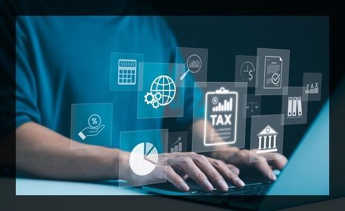 Digital Tax Calculation and Management Concept. A person uses laptop with digital icons tax calculation_ government taxes_ and financial management_ illustrating modern tax return processes. Taxation_
