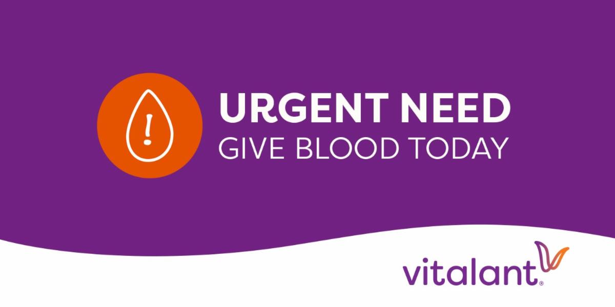 purple background with text saying urgent need give blood today