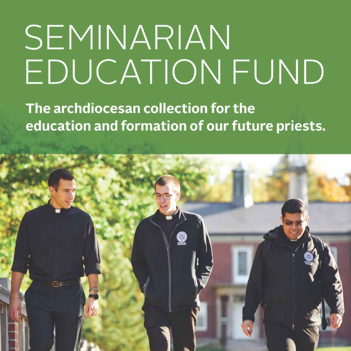 three seminarians walking on campus