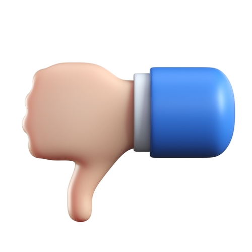 Cartoon 3d hand thumb down for negative feedback_ dislike symbol isolated over white background. 3d rendering