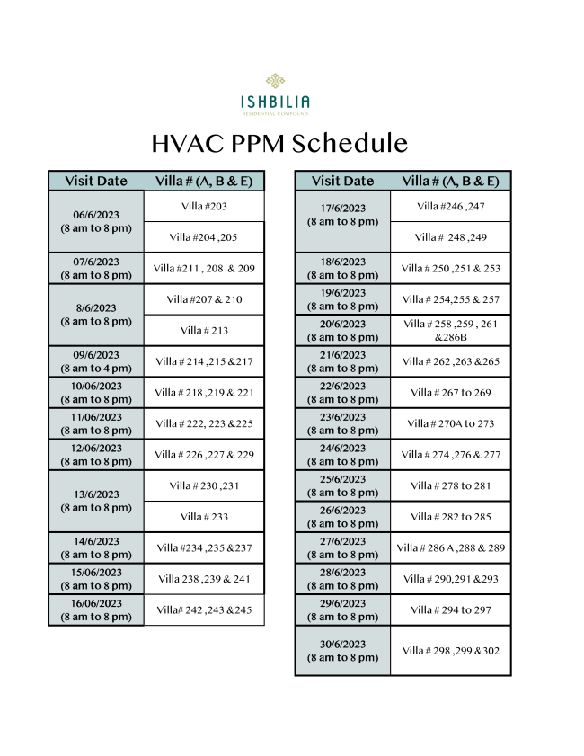 ISHBILIA MANAGEMENT HVAC PPM Schedule