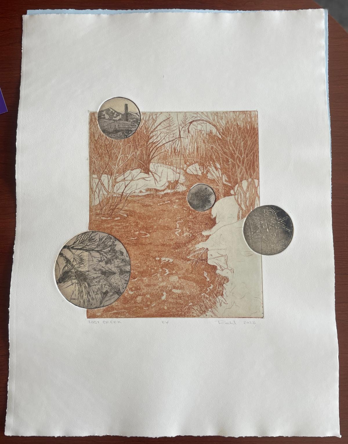 Image of one of the Lost Creek prints created by Rachel Ingle. The bottom three inset circles were created using natural materials collected directly from the Lost Creek area.