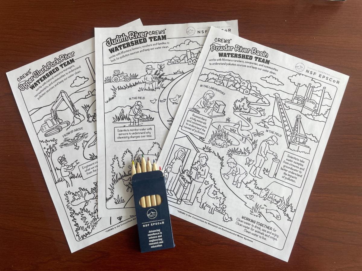 Picture of the three CREWS coloring sheets. Photo credit Suzi Taylor. 