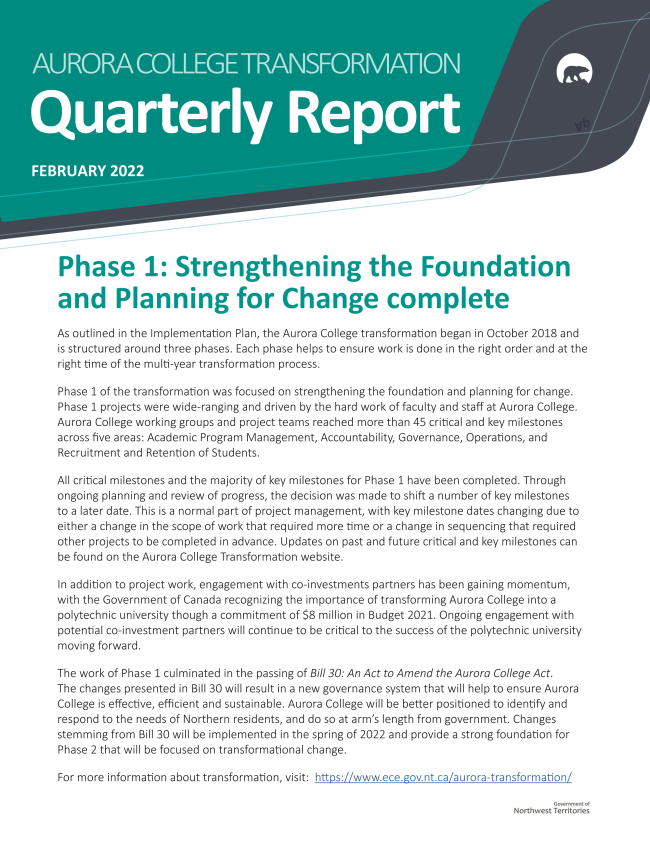 Aurora College Quarterly Report Cover 2022-01 FR