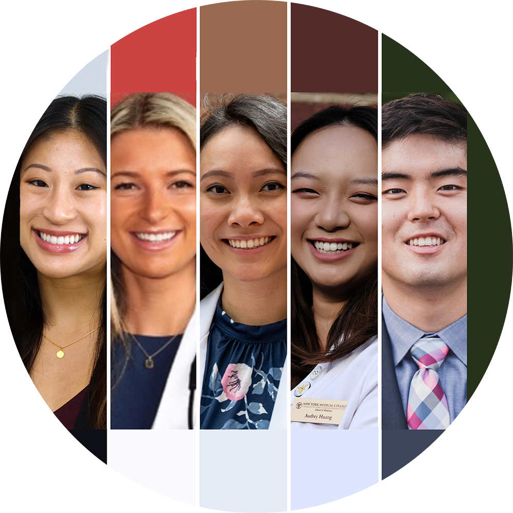 Round picture of 4 female students and one male student smiling 