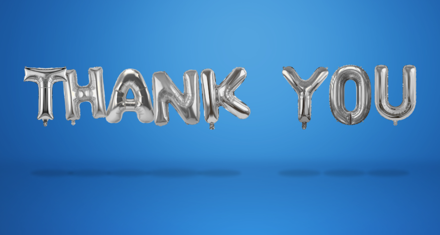Silver balloon letters spelling "THANK YOU" float against a bright blue background, conveying a cheerful and appreciative tone.