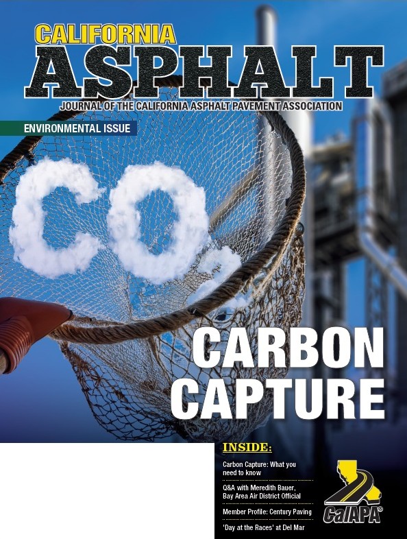 California Asphalt magazine cover 2025 environmental issue depicting a net capturing CO2