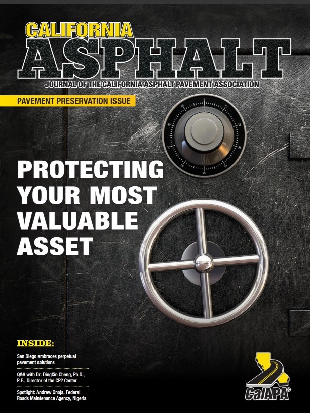 Magazine cover of California Asphalt magazine featuring an image of a safe