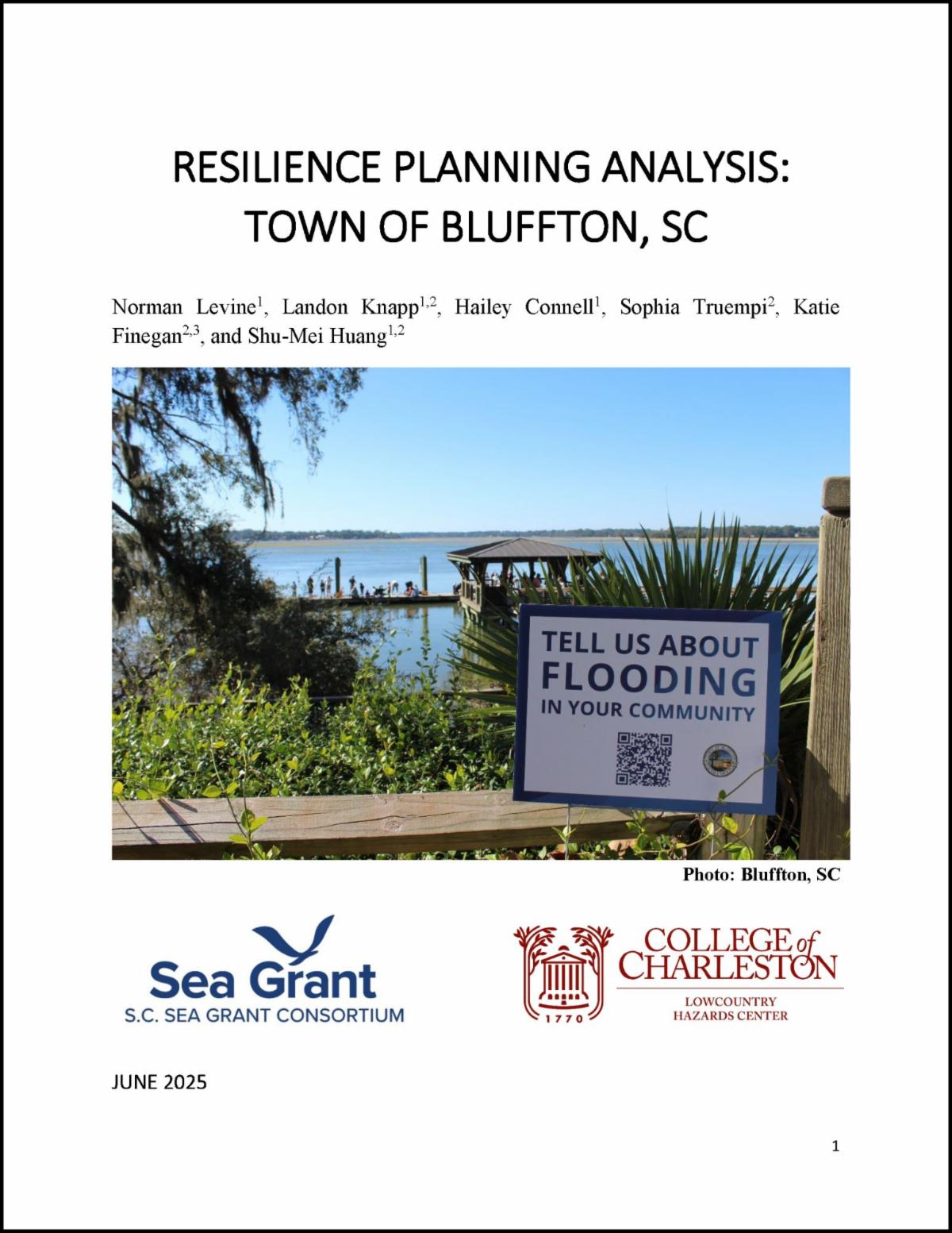 Front cover of report Resilience Planning Analysis Town of Bluffton S.C.