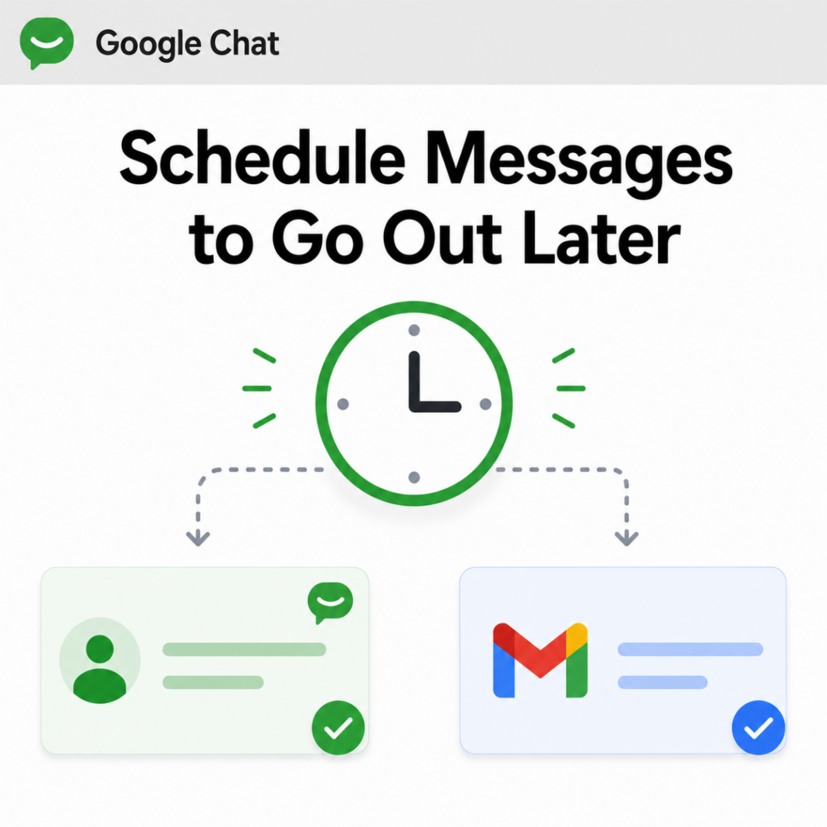 Clock icon points to scheduled Google Chat and Gmail messages, showing that messages can be written now and sent later.