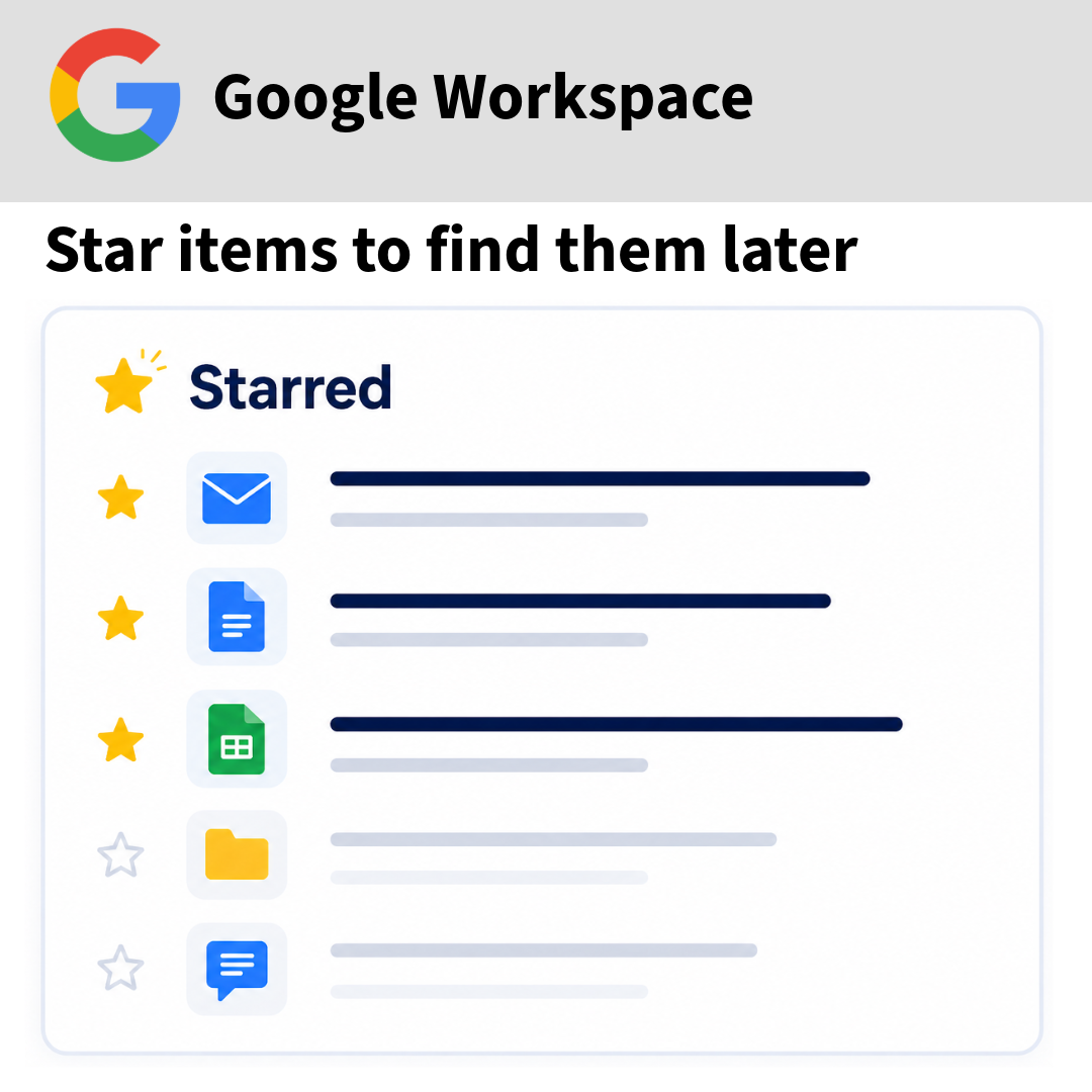 List of items labeled “Starred,” with a few items marked by yellow stars to show a short set of items saved for quick access.