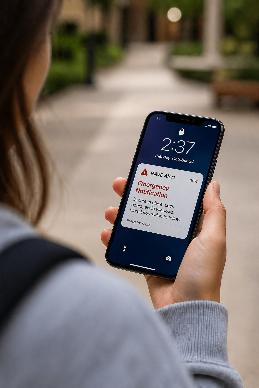 Person holding a smartphone showing an emergency alert notification, with the phone in focus and a blurred outdoor campus setting in the background.