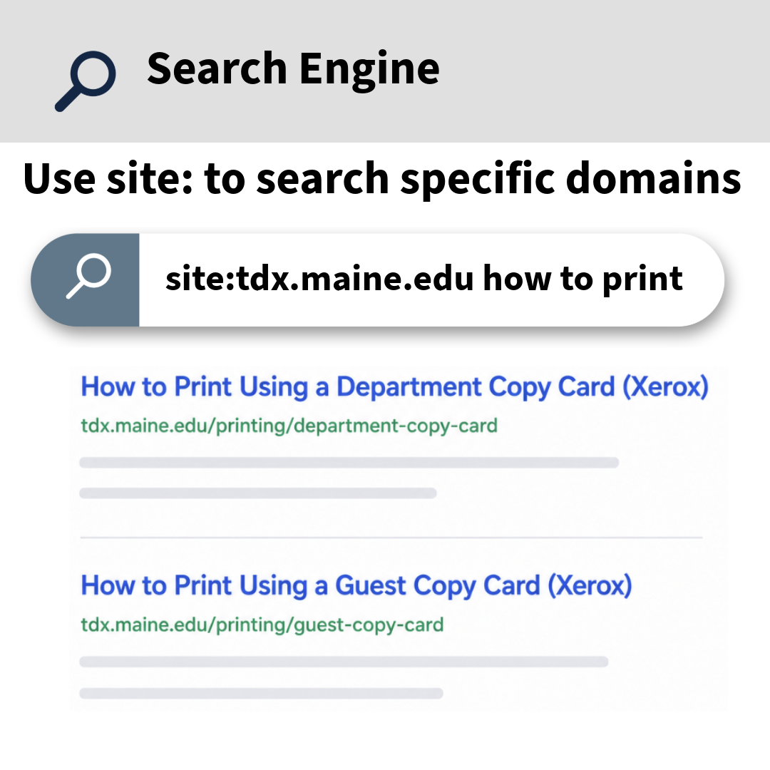 Search engine showing the query “site:tdx.maine.edu how to print” with two results for department copy card and guest copy card printing.