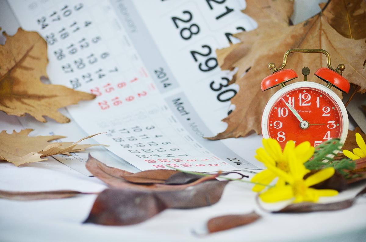 Graphic of a calendar page, red clock, leaves, and yellow flowers.
